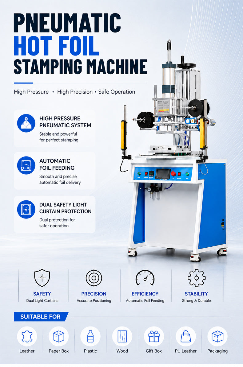 Industrial Pneumatic Hot Foil Stamping Machine for Leather, Paper, Plastic & Wood | 8020P-XY Semi Automatic Embossing Press